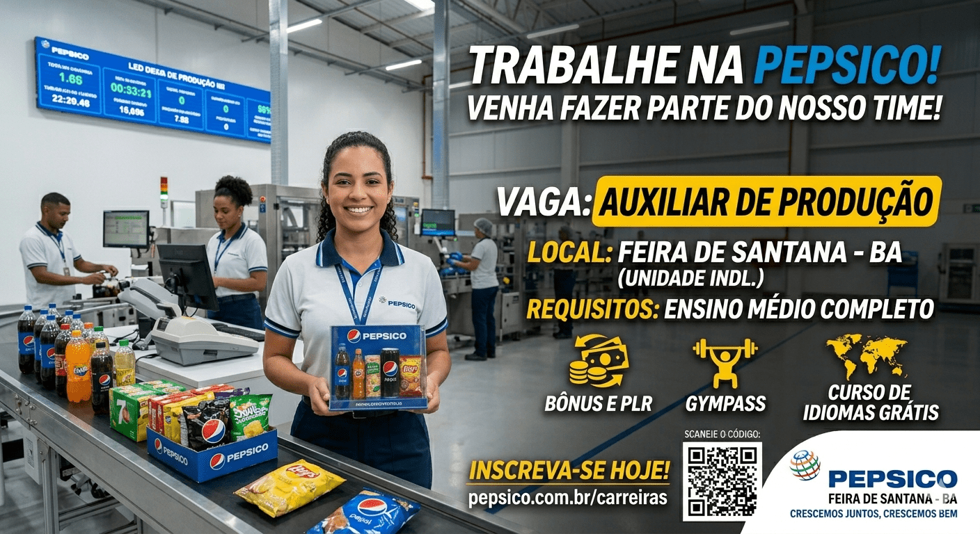 Trabalhe na PepsiCo em Feira de Santana! Vaga de Auxiliar de Produção com bônus, PLR, GymPass e curso de idiomas grátis.