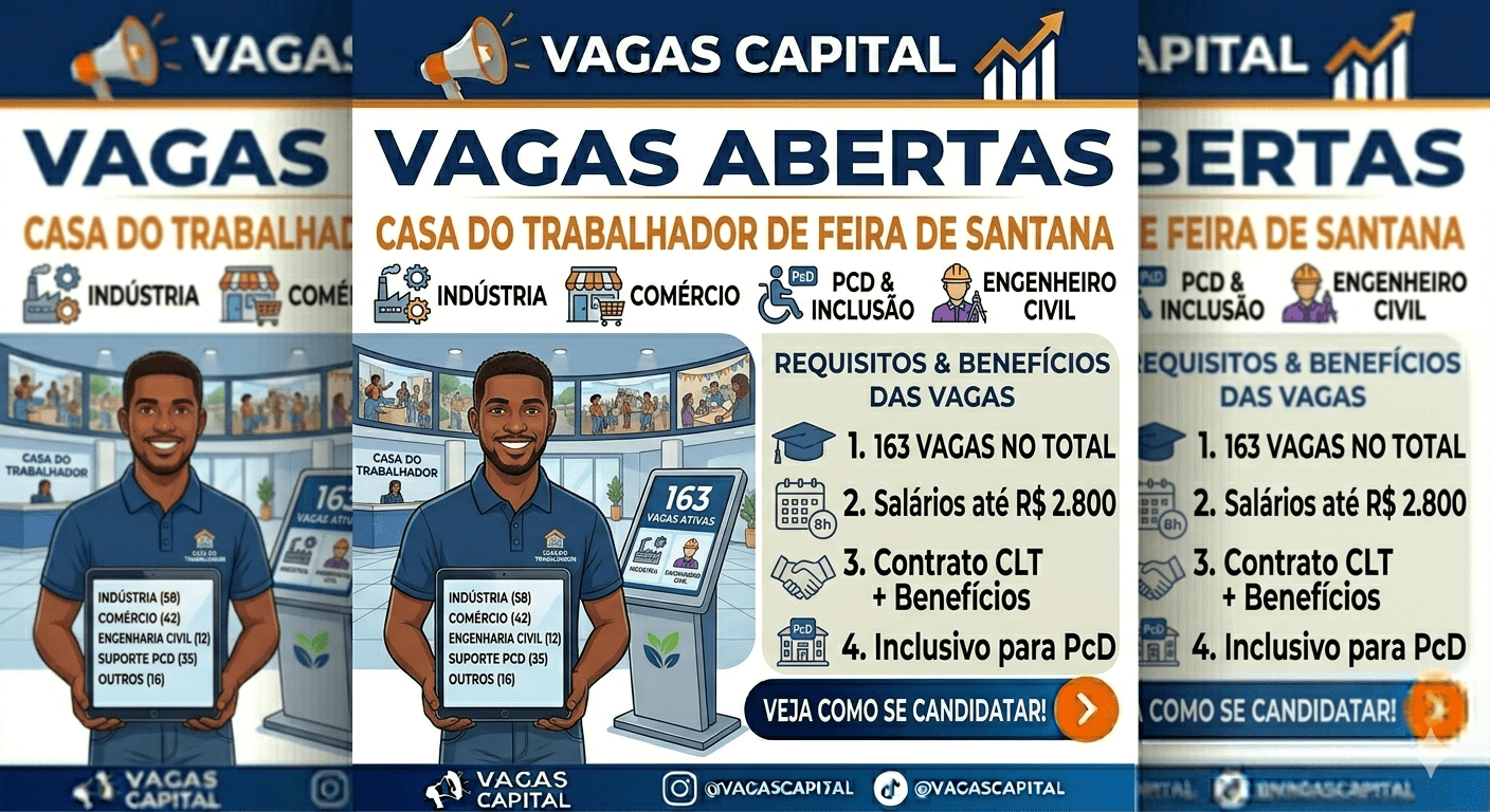 Casa do Trabalhador de Feira de Santana: 163 Vagas de Emprego